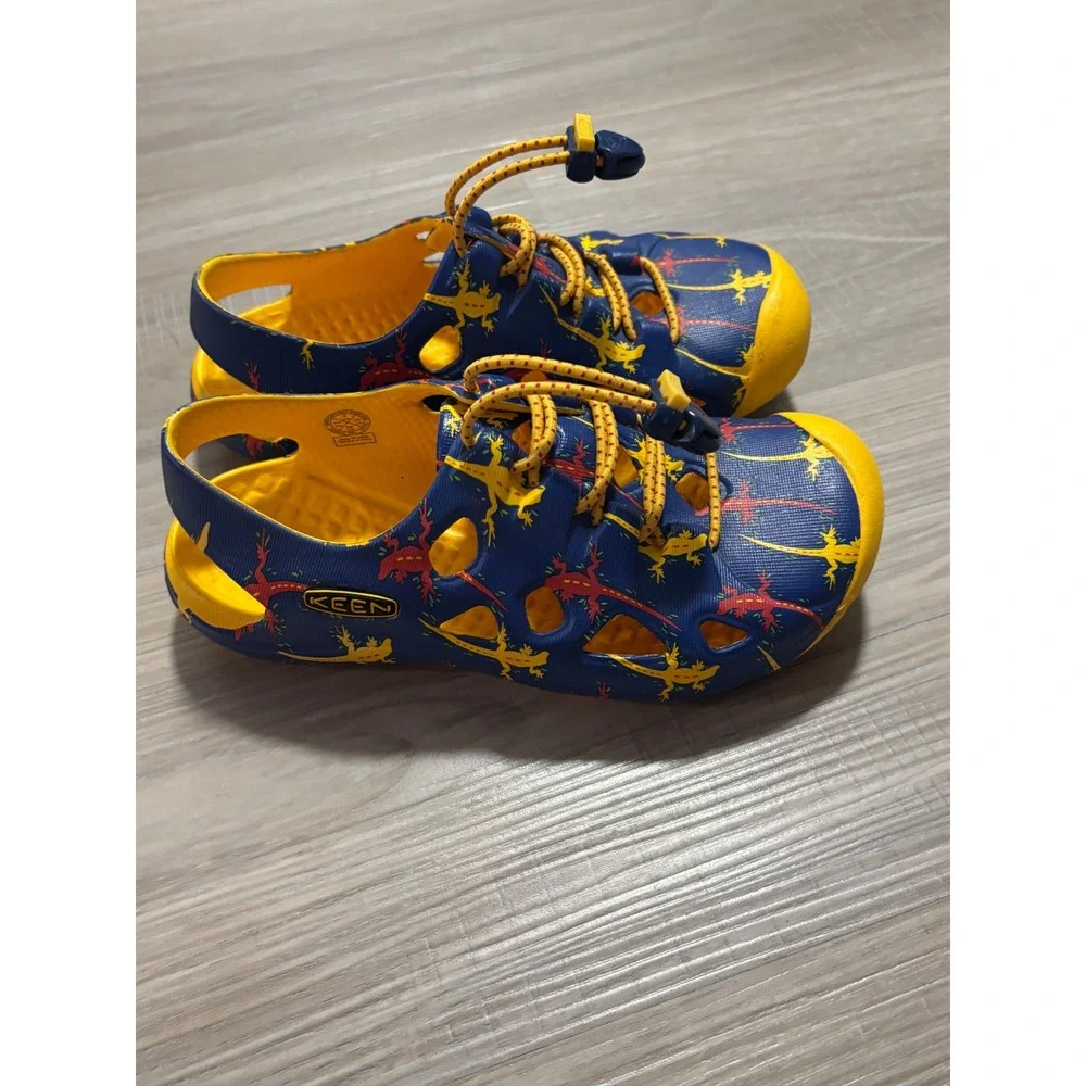 KEEN Rio Kids Water Sandals Blue Yellow Lizard Print Bungee Lace Size 1 1014534